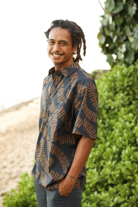 Men's Aloha Shirt Half Button Down | Kapa Brown