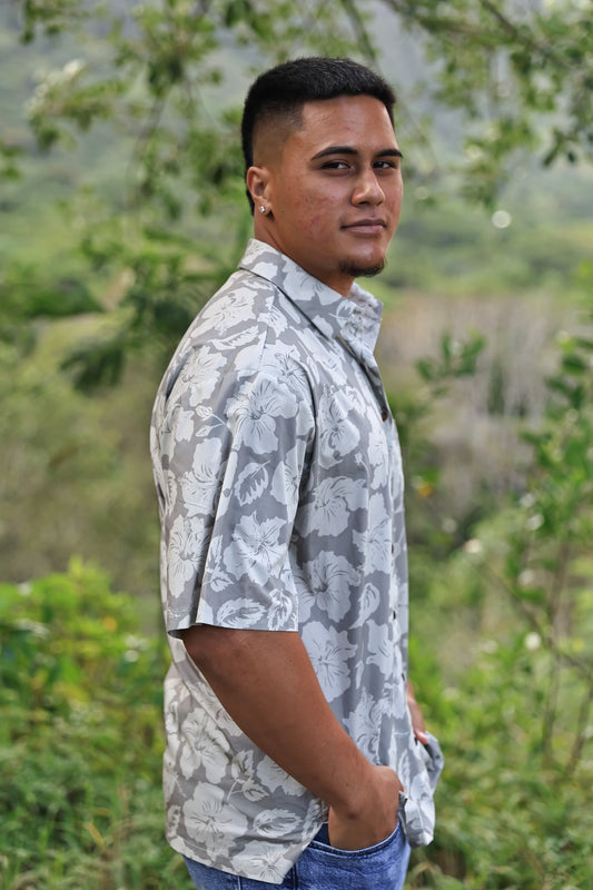 Men's Aloha Shirt Full Button Down | Vanilla Latte Island Hibiscus