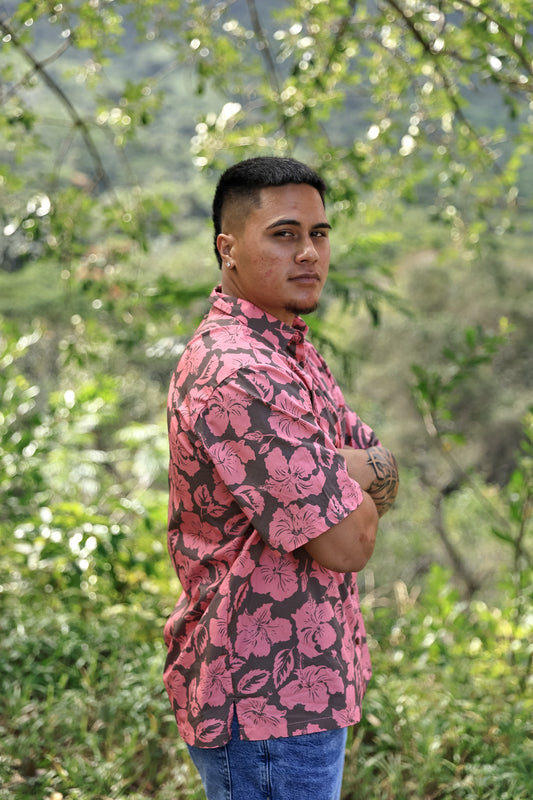 Men's Aloha Shirt Full Button Down | Chocolate Strawberry Island Hibiscus