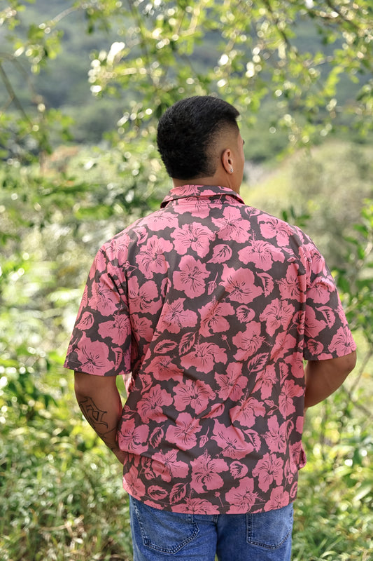 Men's Aloha Shirt Full Button Down | Chocolate Strawberry Island Hibiscus