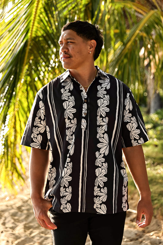 Men's Aloha Shirt Half Button Down | Naupaka Black/White