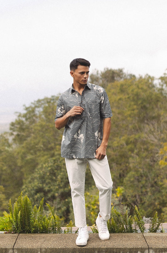 Men's Aloha Shirt Half Button Down | Grey Ginger