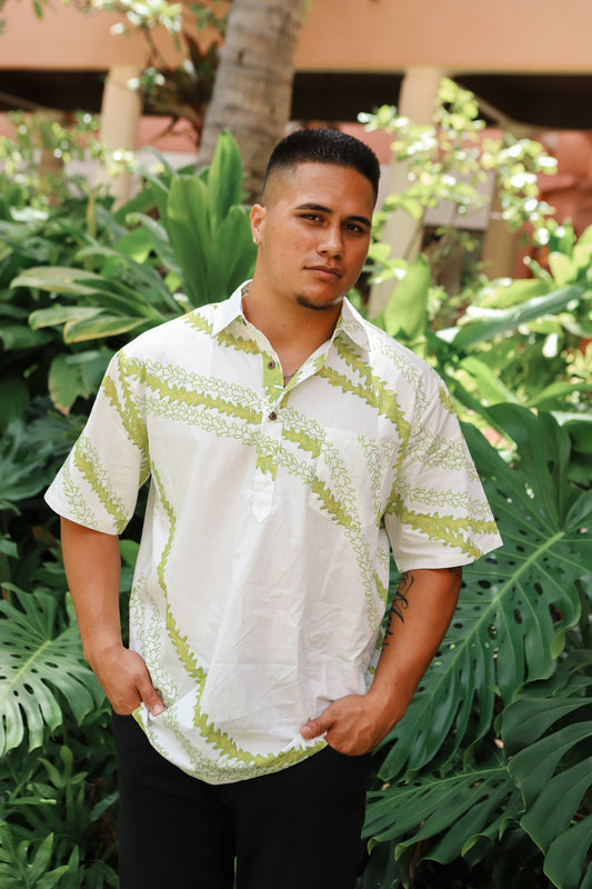 Men's Aloha Shirt Half Button Down | Lei Pakalana White