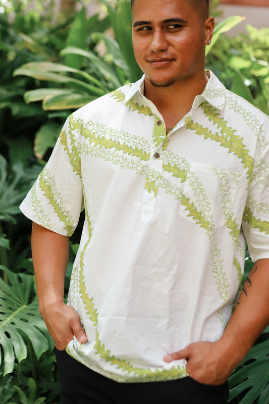 Men's Aloha Shirt Half Button Down | Lei Pakalana White