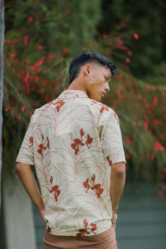 Men's Aloha Shirt Half Button Down | Maroon/Off Yellow Ginger
