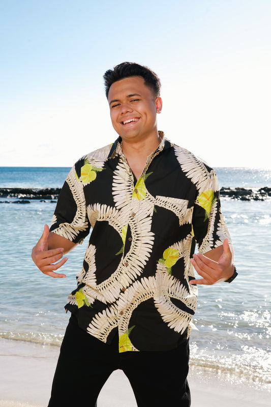 Men's Aloha Shirt Full Button Down | Black Ginger Lei