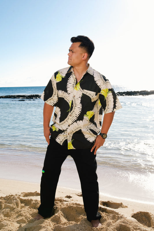 Men's Aloha Shirt Full Button Down | Black Ginger Lei