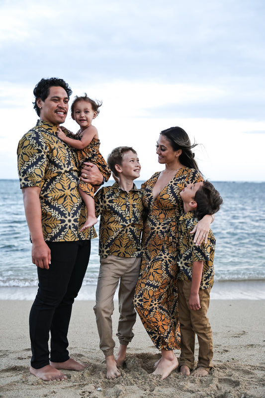 Keiki Kamaile Jumpsuit | Hawaiian Quilt Gold/Black