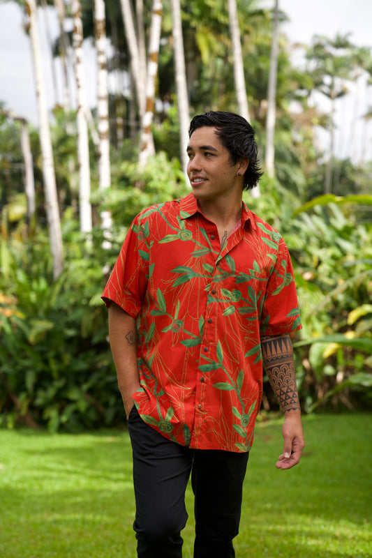 Men’s Aloha Shirt Full Button Down | Hilo Ti Leaf Red