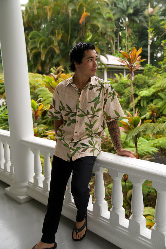 Men's Aloha Shirt Full Button Down | Hilo Ti Leaf White