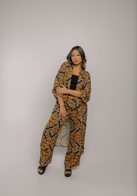 Kimono Long Cover Up | Hawaiian Quilt Gold/Black