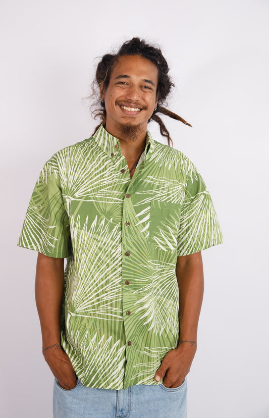 Men's Aloha Shirt Full Button Down| Loulu Palm Green