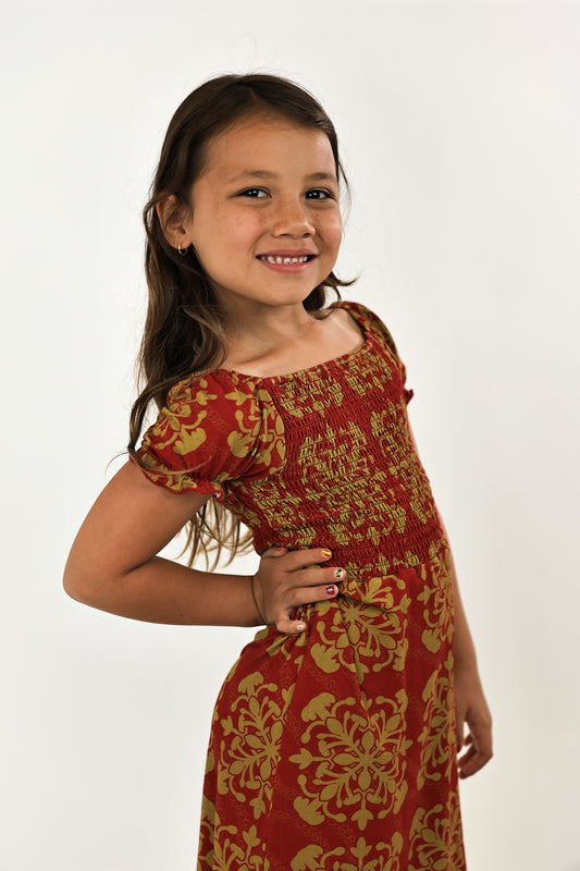 Keiki Kilinoe Dress | Puakenikeni Quilt Red/Gold