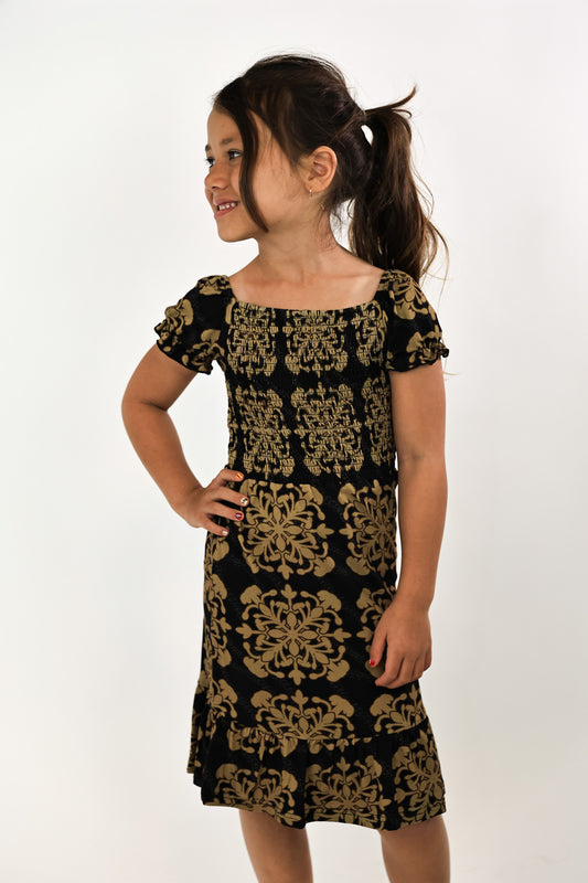 Keiki Kilinoe Dress | Puakenikeni Quilt Black/Gold