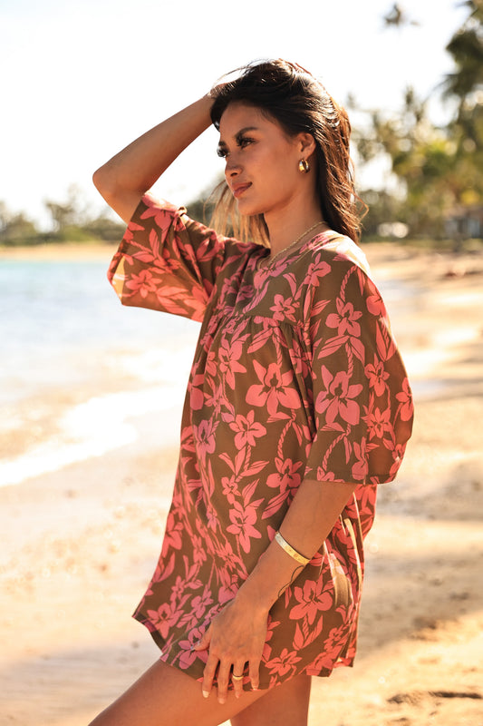 Babydoll Dress | Orchid Ti Leaf Rum Punch (Kala Mai)