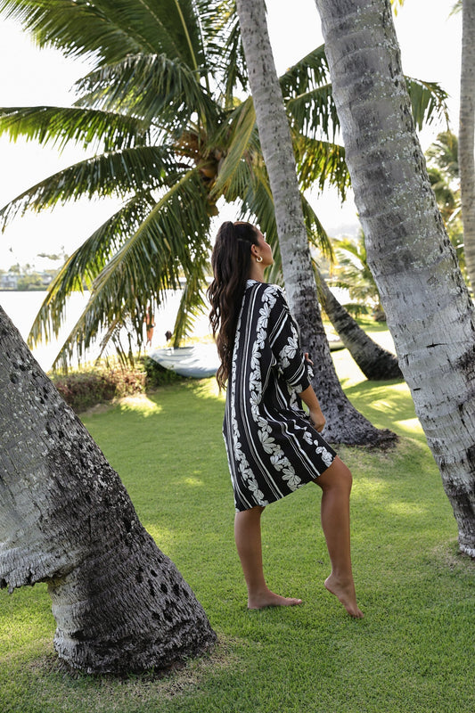 Aloha Button Down Dress | Naupaka Black/White
