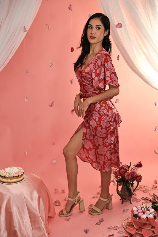 Mini Wrap Dress | Cherry Red Strawberry Island Hibiscus (KALA MAI)