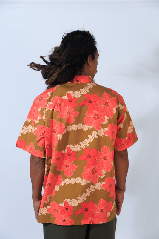Men's Aloha Button Down Shirt | Pua Kala Lei Dark Brown/Pink