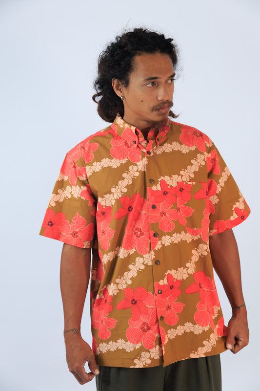 Men's Aloha Button Down Shirt | Pua Kala Lei Dark Brown/Pink