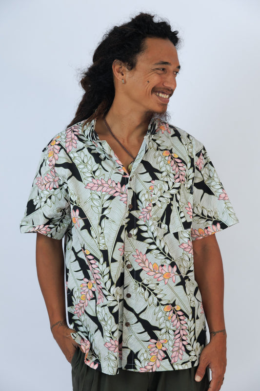 Men's Aloha Shirt Full Button Down Cotton | Shell Banana Black