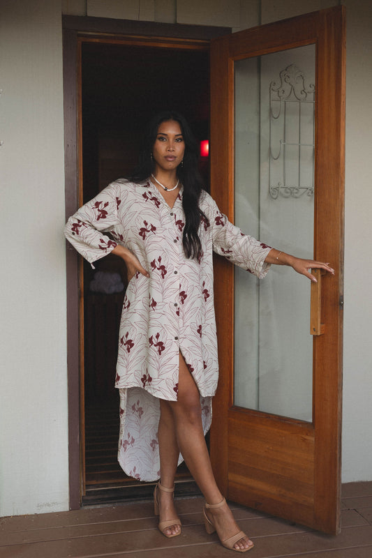 Hilo Button Dress | Light Grey/Maroon Ginger (KALA MAI)