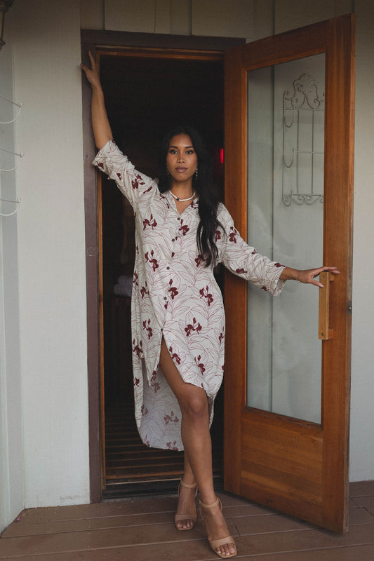 Hilo Button Dress | Light Grey/Maroon Ginger (KALA MAI)