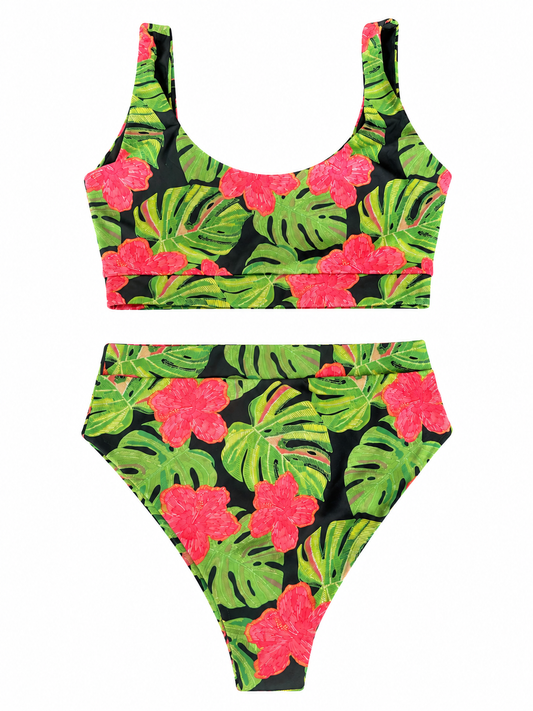 The Aloha Two Piece Swimsuit Monstera Black (Kala Mai)