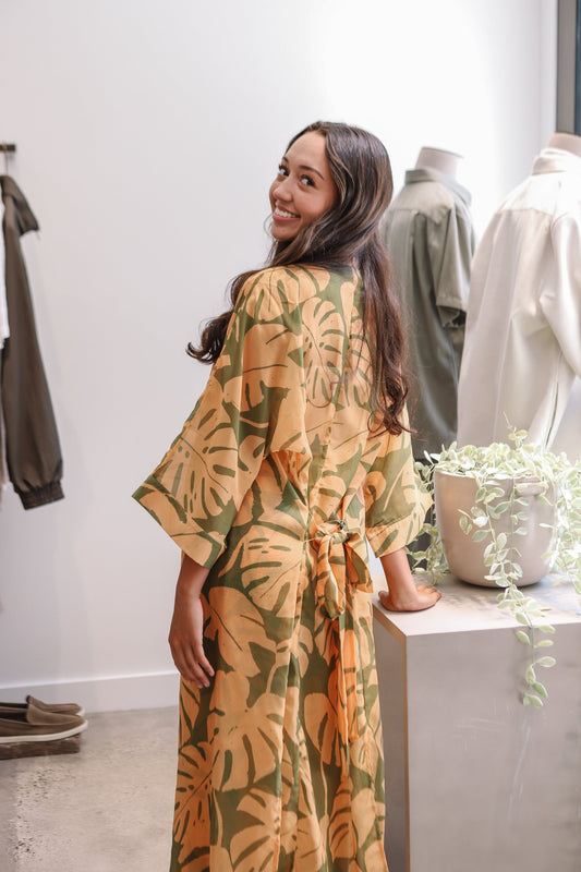 Kimono Long Cover Up | Monstera Olive Yellow
