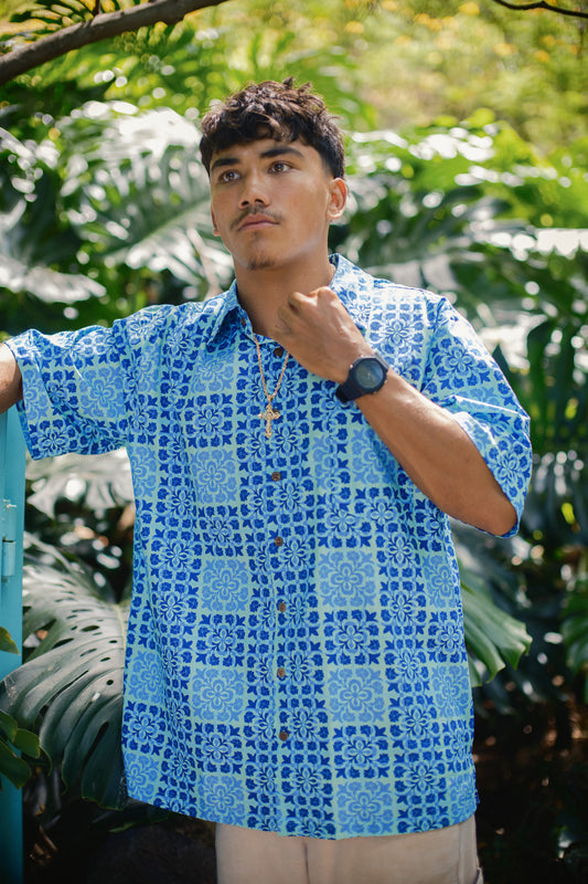Men Aloha Shirt | Palaka Quilt Blue Raspberry