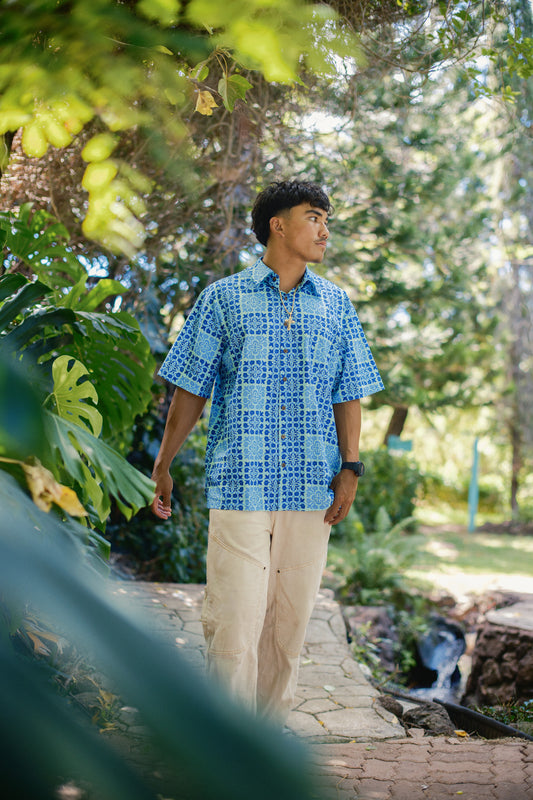 Men Aloha Shirt | Palaka Quilt Blue Raspberry