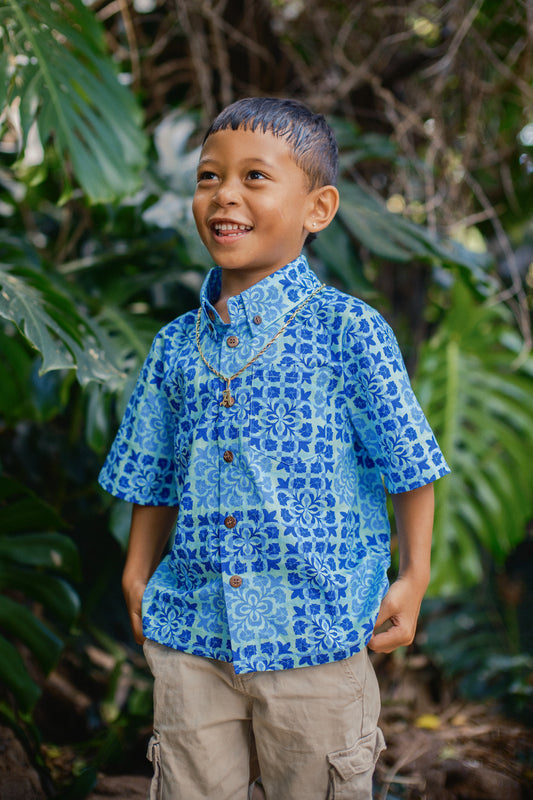Keiki Boys Aloha Shirt | Palaka Quilt Blue Raspberry