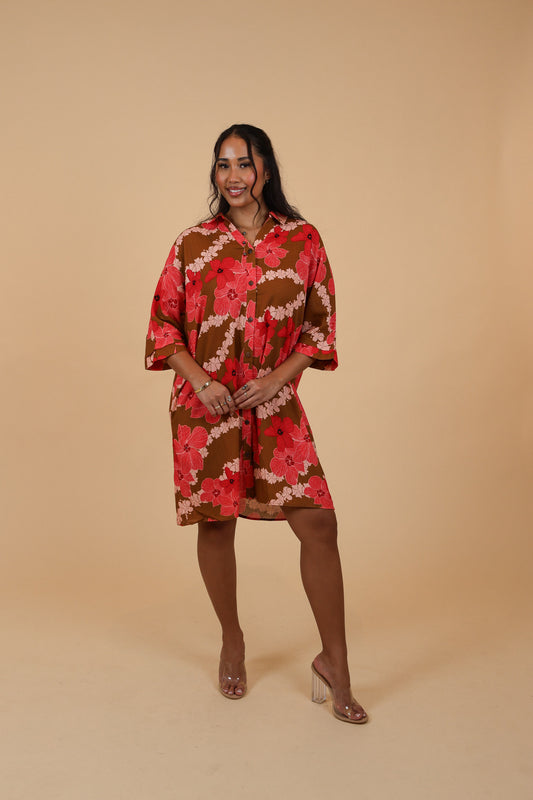 Aloha Button Down Dress | Pua Kala Lei Mocha