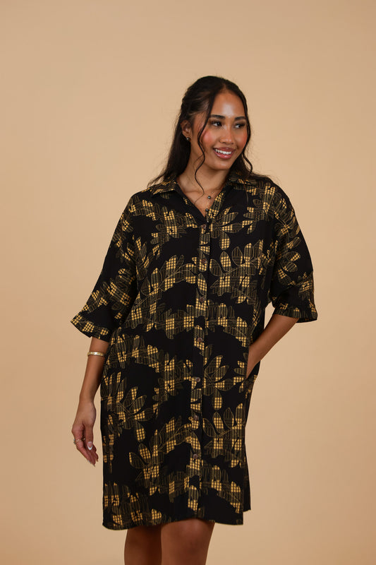 Aloha Button Down Dress | Palaka Fern Black