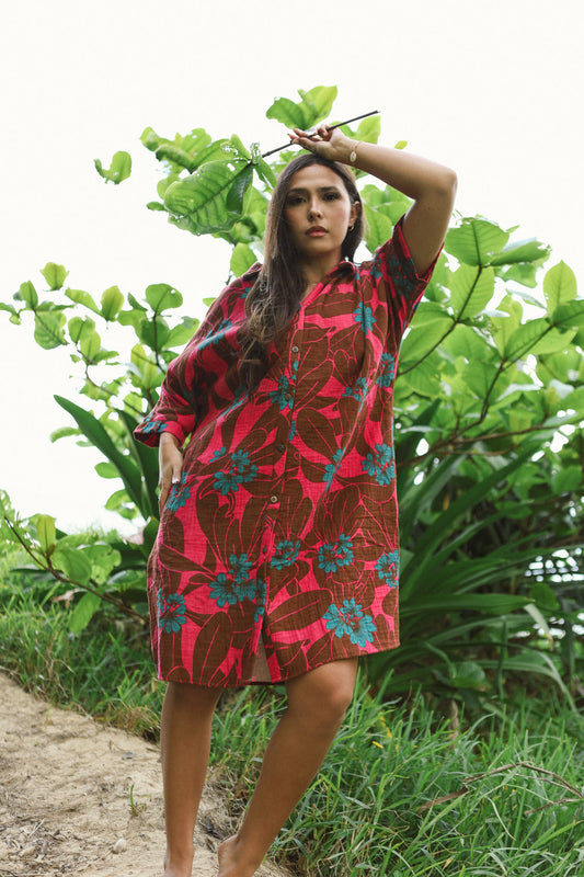 Aloha Button Down Dress | Naupaka Red