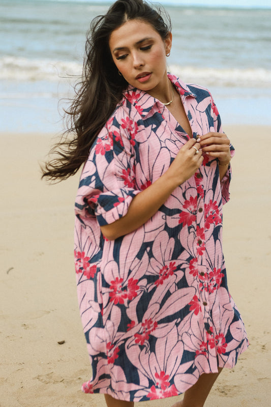 Aloha Button Down Dress | Naupaka Pink LexBreezy Hawaii Aloha Button Down Dress | Naupaka Pink LexBreezy Hawaii
