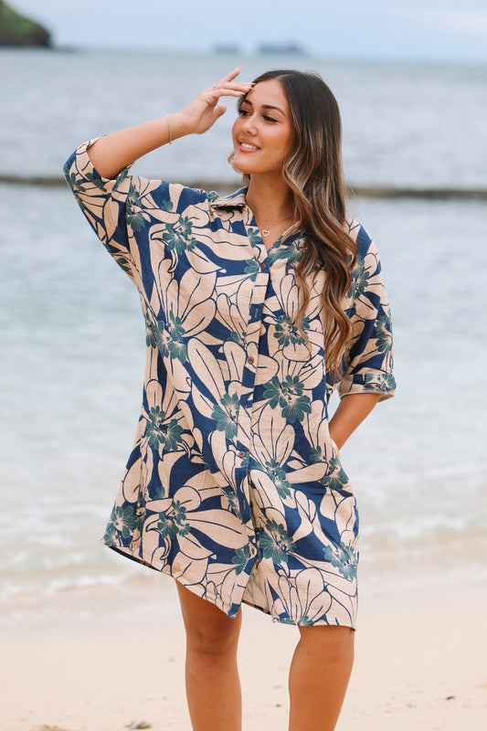 Aloha Button Down Dress | Naupaka Blue