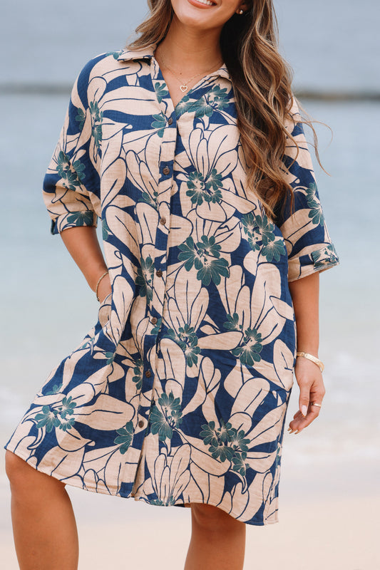 Aloha Button Down Dress | Naupaka Blue