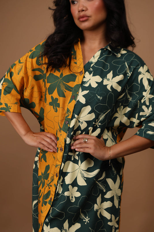 Aloha Button Down Dress | Hibiscus Yellow/Green