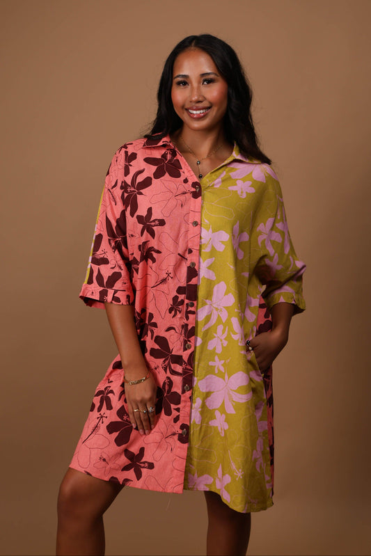 Aloha Button Down Dress | Hibiscus Pink/Olive