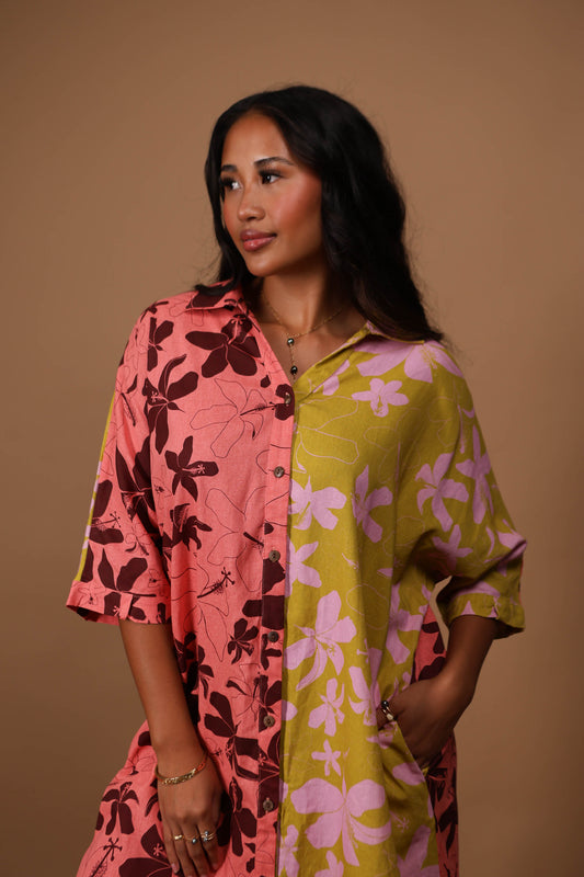 Aloha Button Down Dress | Hibiscus Pink/Olive