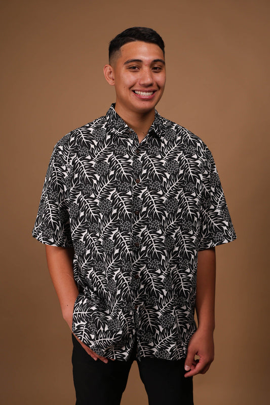 Men's Aloha Shirt Full Button Down Cotton | Ulu Black Made in Hawai'i (KALA MAI)