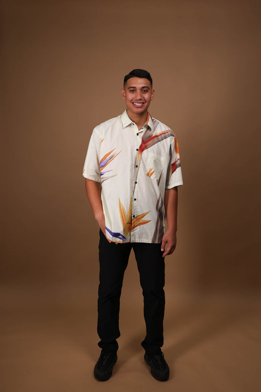 Men's Aloha Shirt Full Button Down Cotton | Bird of Paradise Cream Made in Hawai'i