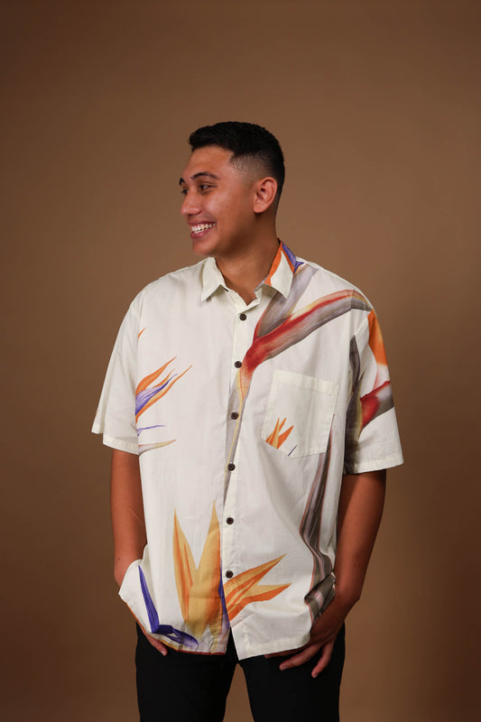 Men's Aloha Shirt Full Button Down Cotton | Bird of Paradise Cream Made in Hawai'i
