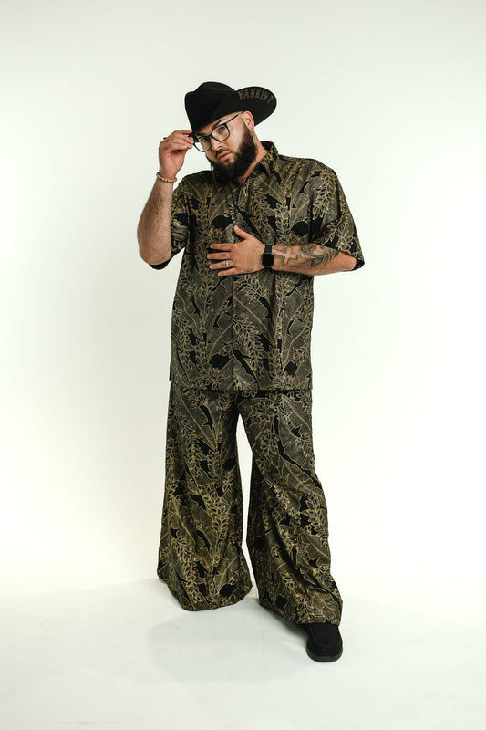 Men's Aloha Shirt Full Button Down Cotton | Shell Banana Black/Gold Made in Hawai'i