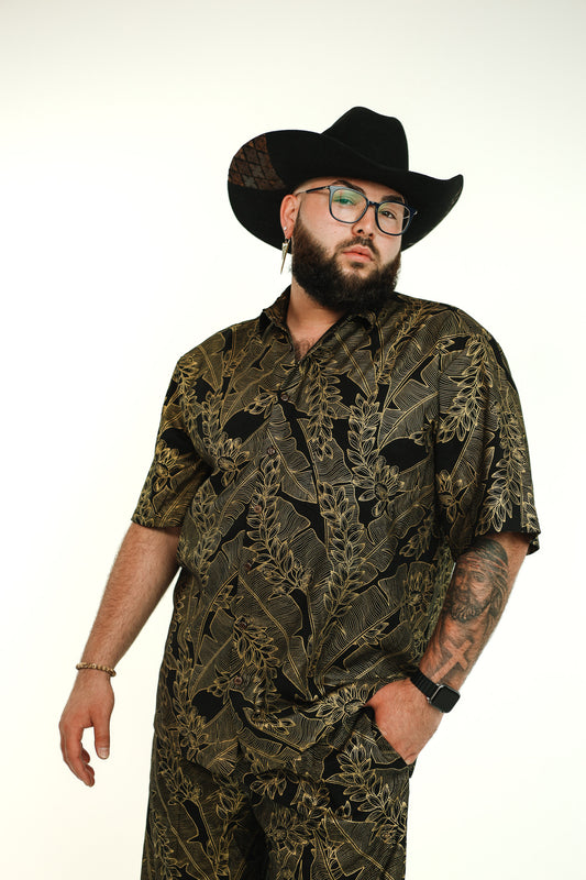 Men's Aloha Shirt Full Button Down Cotton | Shell Banana Black/Gold Made in Hawai'i