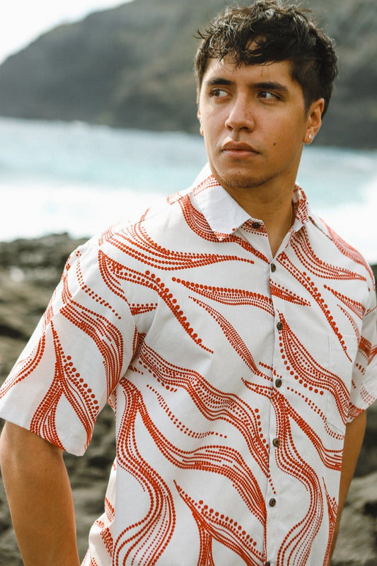 Men's Aloha Shirt Full Button Down | Nalu He'e White/Red