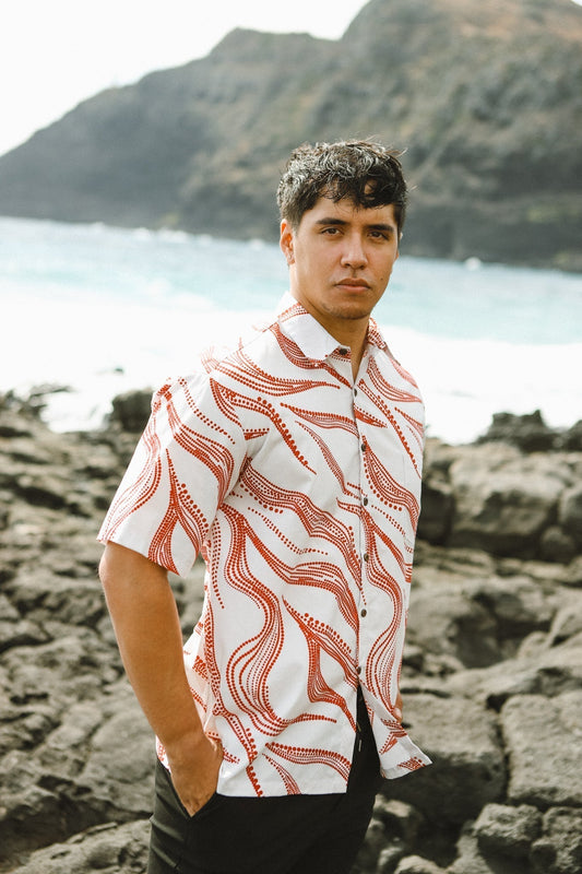 Men's Aloha Shirt Full Button Down | Nalu He'e White/Red