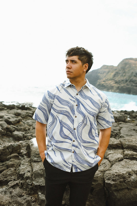 Men's Aloha Shirt Full Button Down | Nalu He'e White/Blue