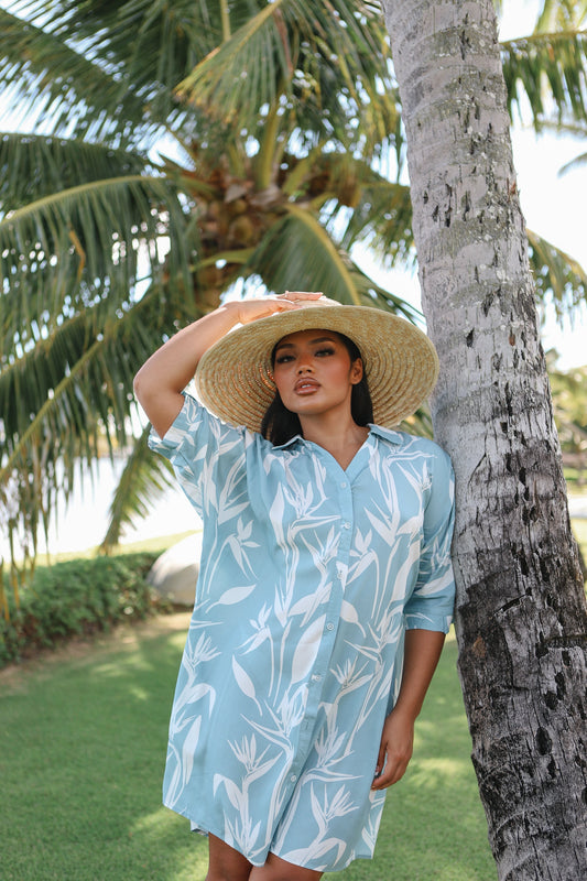 Aloha Button Down Dress | Bird of Paradise Sky Blue