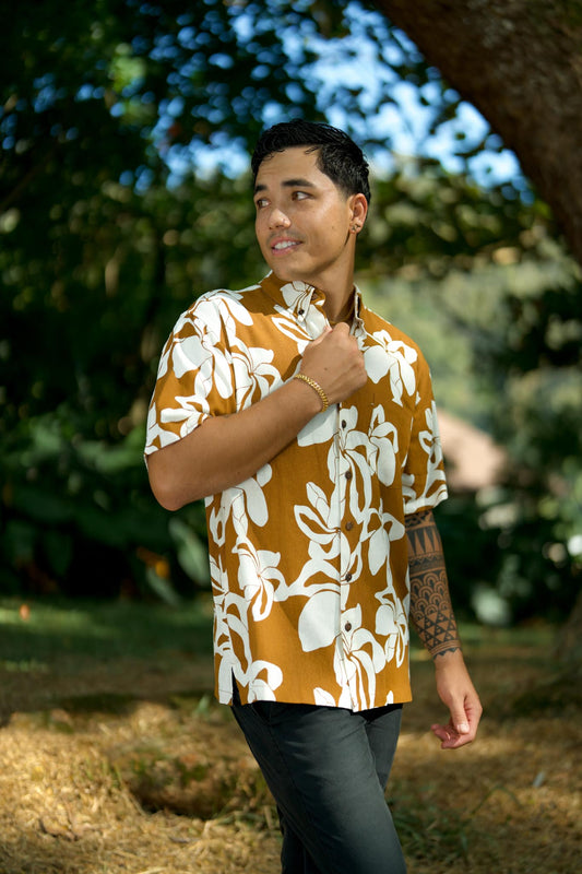 Men's Aloha Shirt Linen | Puakenikeni Brown